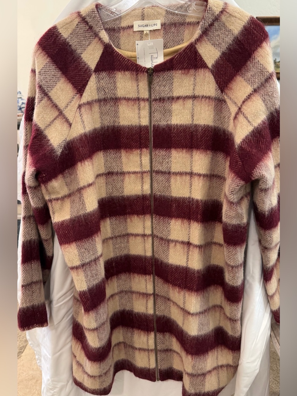 Sugar + Lip2 Plaid Wool Blend Jacket in Burgundy & Cream - Size Large - NWT